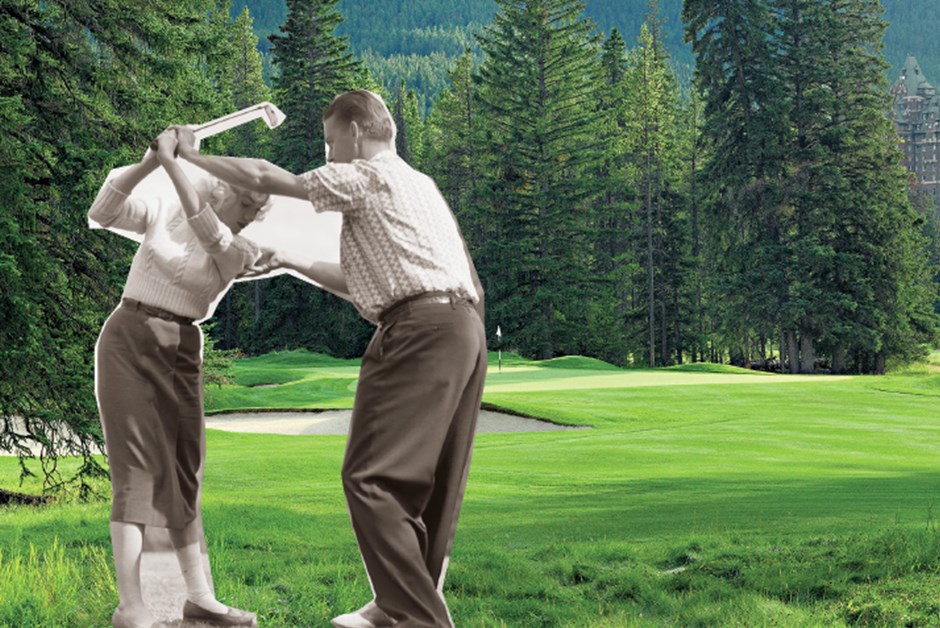 An injured Marilyn tees off on the hotel’s Stanley Thompson-designed golf course