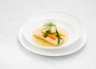 Poached Filet of Loch Duart Salmon, White Wine and Vegetable Nage, Petit Baby Vegetables (gluten/dia