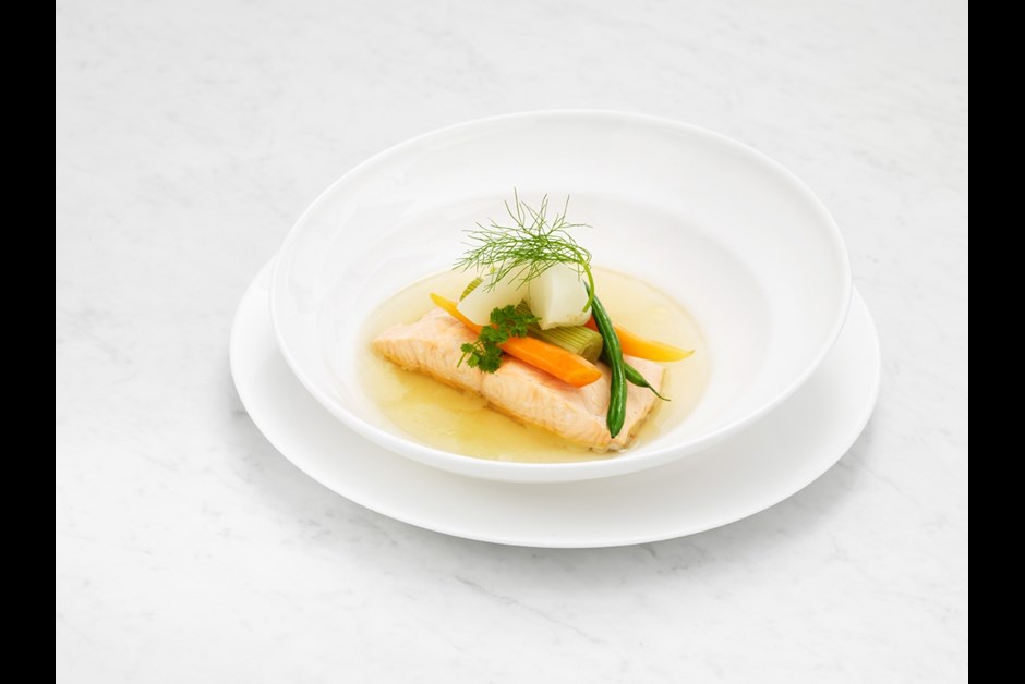 Poached Filet of Loch Duart Salmon, White Wine and Vegetable Nage, Petit Baby Vegetables (gluten/dia