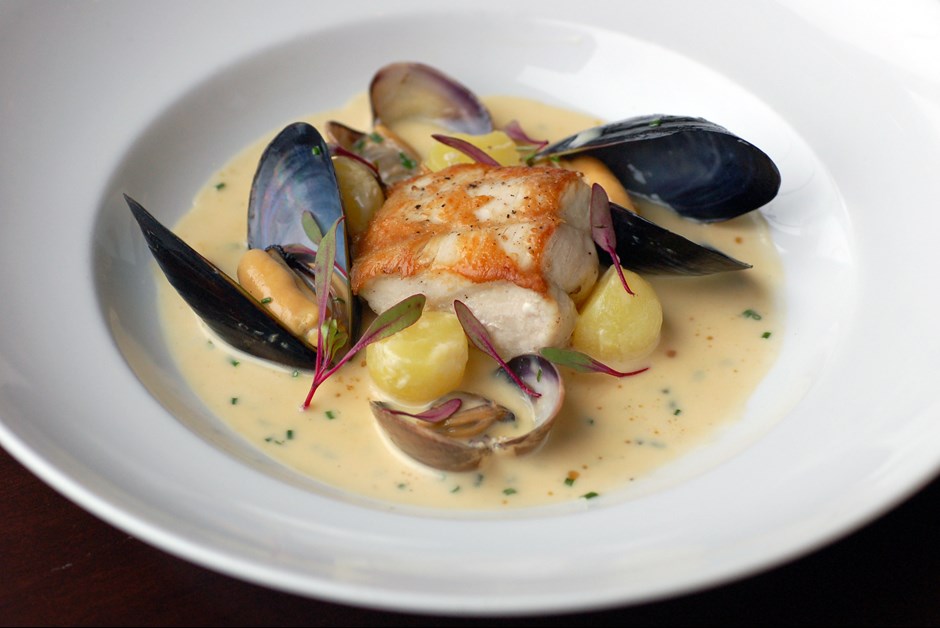Roast Powell River Sturgeon Chowder with Manilla Clams, Island Mussels, Fondant Potato, Fennel and T
