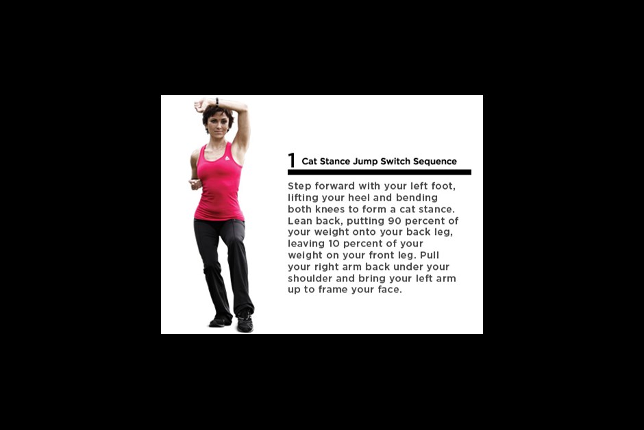 Complete three sets of 12 repetitions each. Works cardio, shoulders, glutes, quads, hamstrings, core
