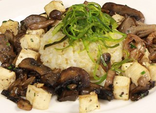 Exotic mushroom stir fry, tofu, organic brown rice and Wakame seaweed