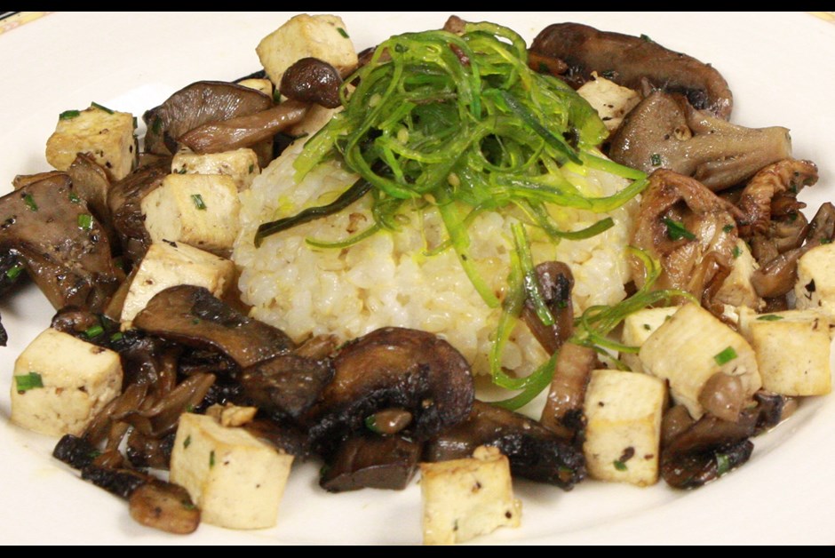 Exotic mushroom stir fry, tofu, organic brown rice and Wakame seaweed