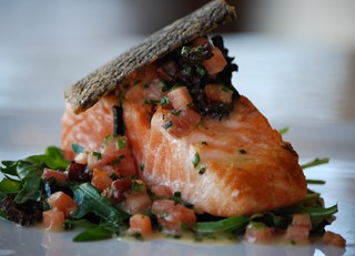 Slow Cooked Wild BC Salmon with Sauteed Dandelion Greens, Bacon Truffle Vinaigrette