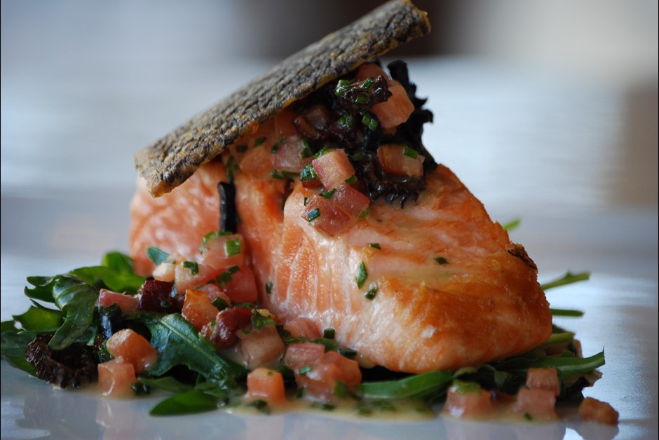 Slow Cooked Wild BC Salmon with Sauteed Dandelion Greens, Bacon Truffle Vinaigrette