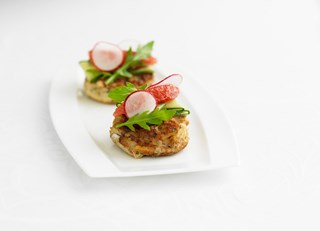 Cornish Crab Cake, Marinated Cucumber &amp; Grapefruit Salad, With Homemade Aioli (gluten free)