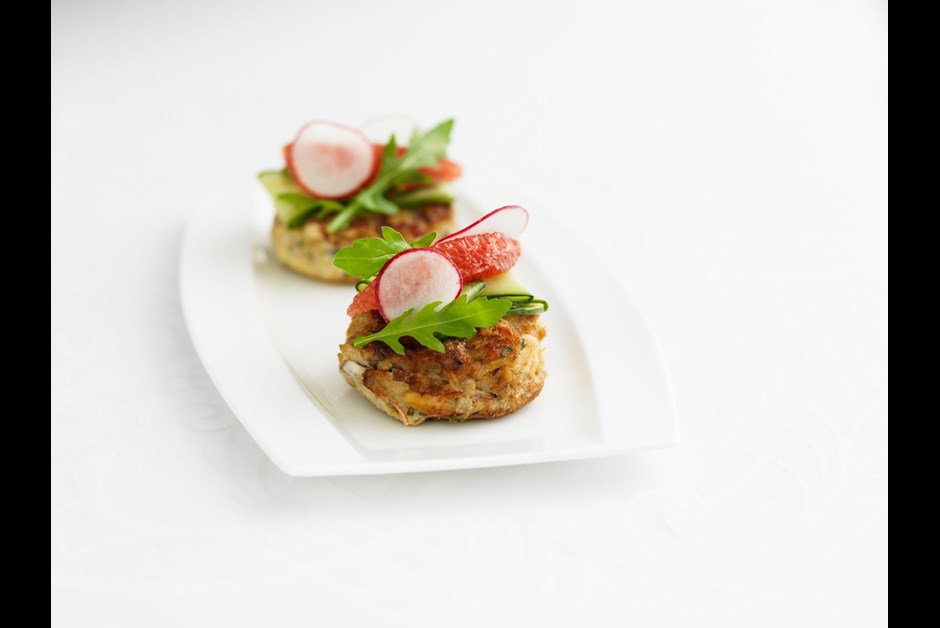 Cornish Crab Cake, Marinated Cucumber & Grapefruit Salad, With Homemade Aioli (gluten free)