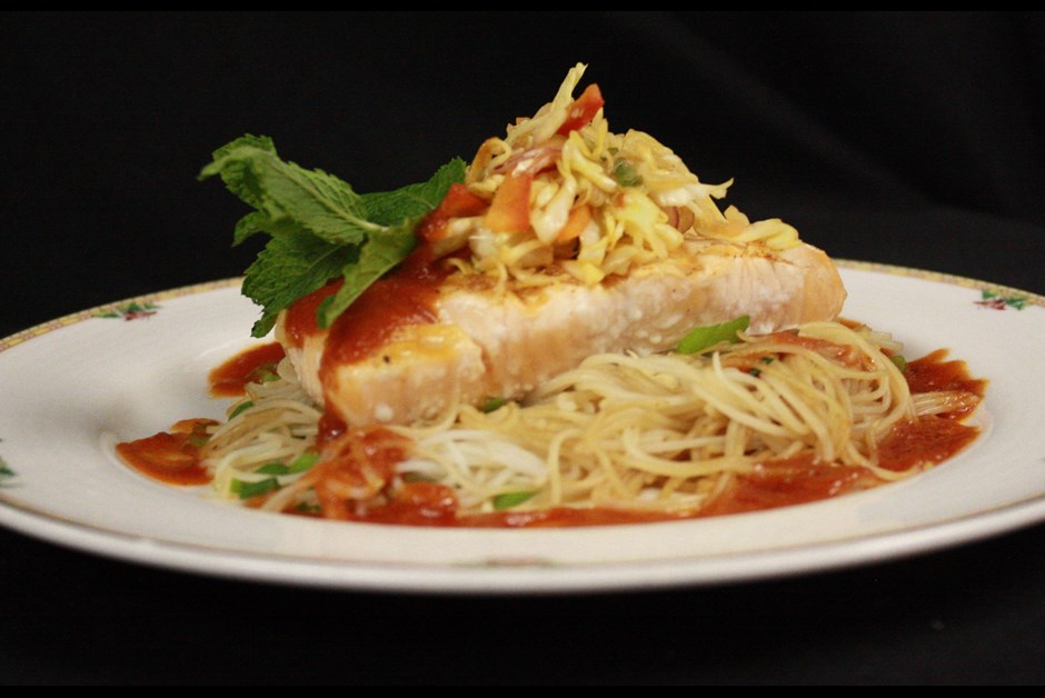 Grilled salmon, rice noodles, Asian slaw, tomato jus