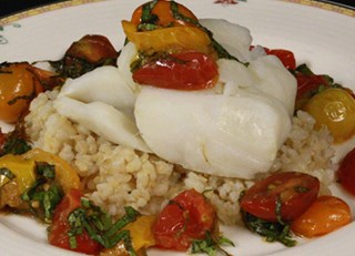 Steamed cod, organic brown rice, tomato basil relish