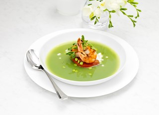 Chilled Pea Soup with Tomato and Shrimp