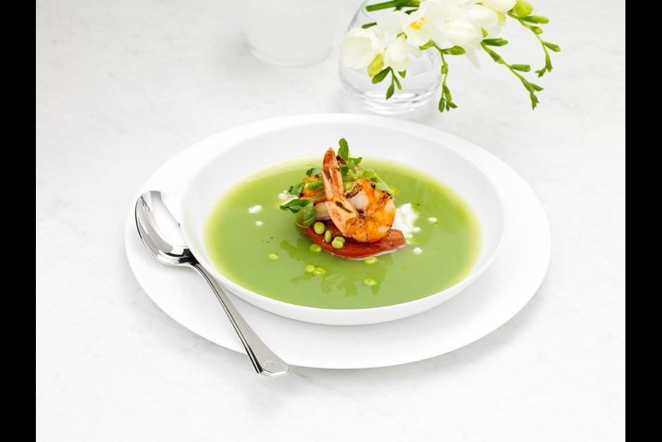 Chilled Pea Soup with Tomato and Shrimp