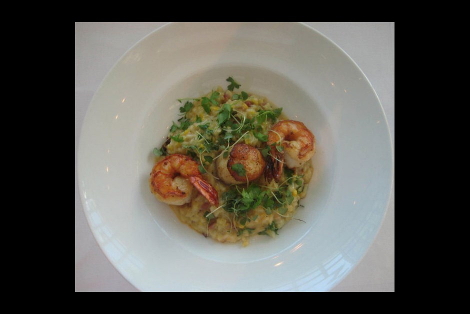 Sautéed Spot Prawns, Scallops, Sweet Corn & Apple Wood Smoked Bacon Risotto