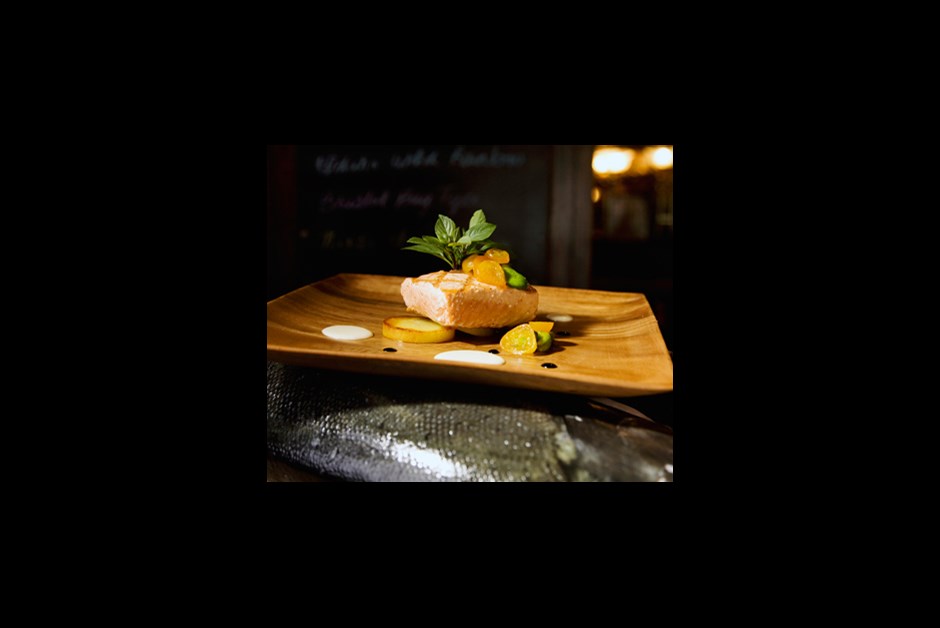 Grilled Wild King Salmon with Sweet Potato Gratin, Roasted Asparagus