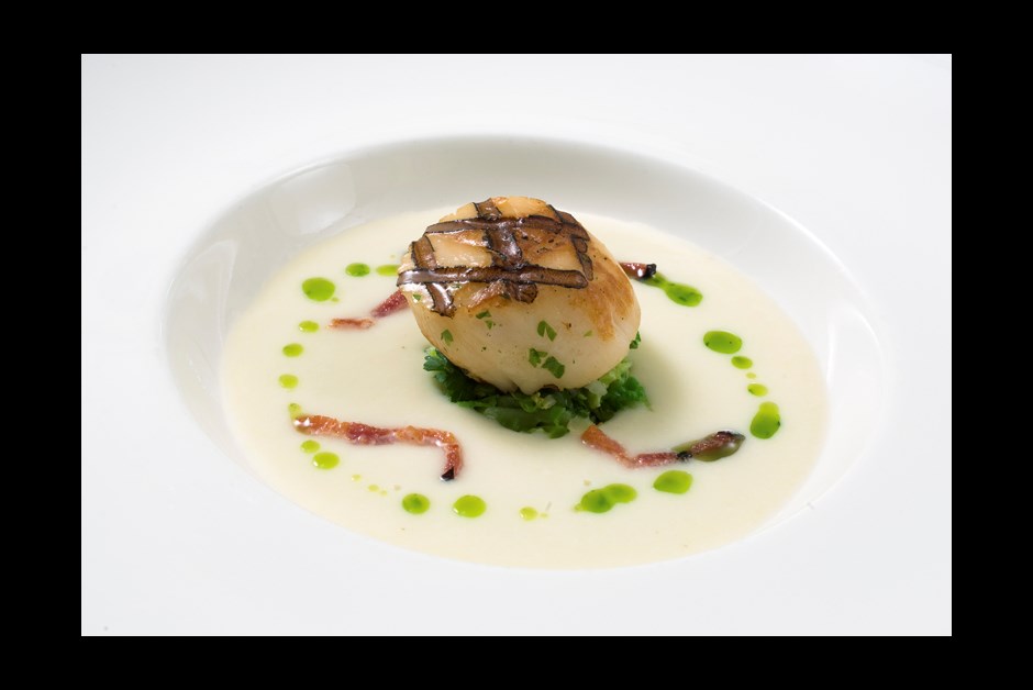 Bay of Fundy Scallop Bisque, Savoy Cabbage and Double Smoked Bacon