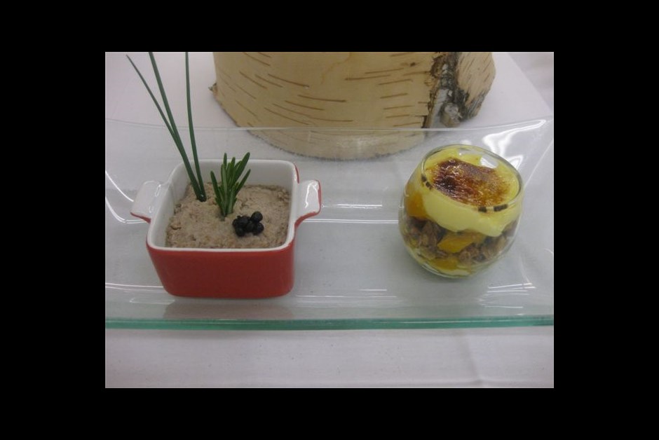 Pork creton with old-fashion mustard and parfait with Chicoutai and Labrador tea