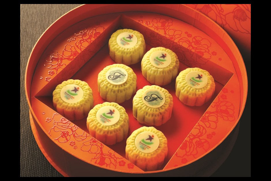 Mooncakes featuring the colourful YOG emblem