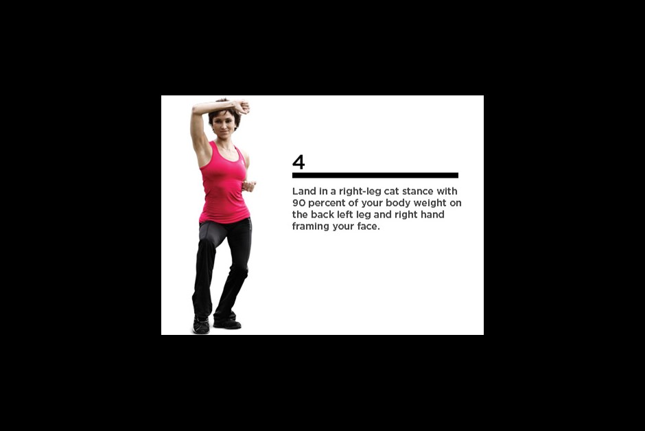 Complete three sets of 12 repetitions each. Works cardio, shoulders, glutes, quads, hamstrings, core