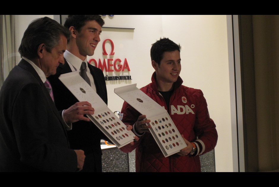 Michael Phelps and Alexandre Bilodeau at the Omega Boutique