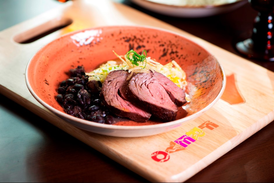 Churrasco style grilled top sirloin, Biro biro rice, Black bean stew, Gaucho sauce
