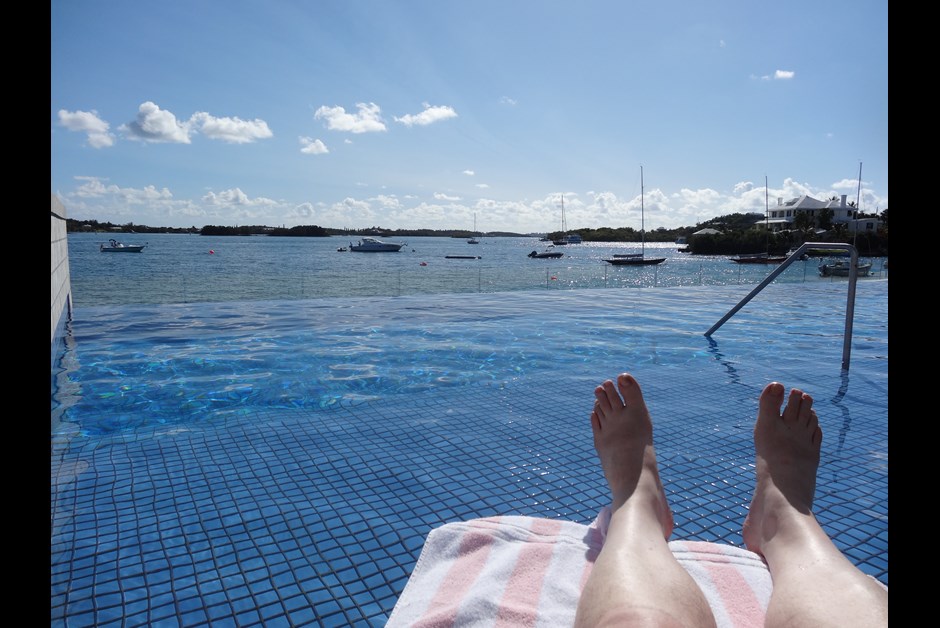 The view across the pool from a lounger in the pool!