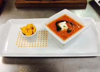 Watermelon Gazpacho with Lobster Salad, Cilantro Pesto and Goldfish Crackers by Angela Bethea at Shuckers 