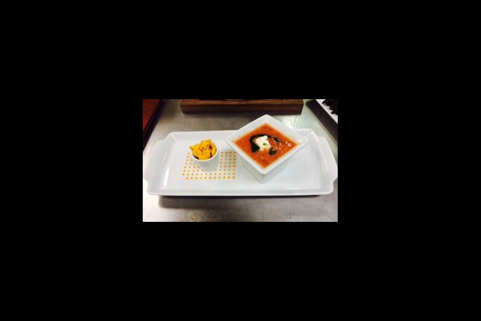 Watermelon Gazpacho with Lobster Salad, Cilantro Pesto and Goldfish Crackers by Angela Bethea at Shuckers