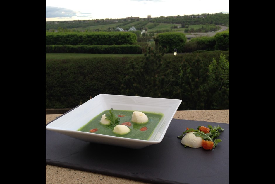 Cold Arugula soup with mozzarella and cherry tomato