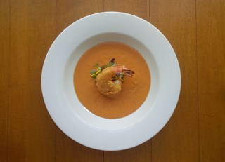 Gazpacho with Quebec Strawberries and Shrimp Tempura