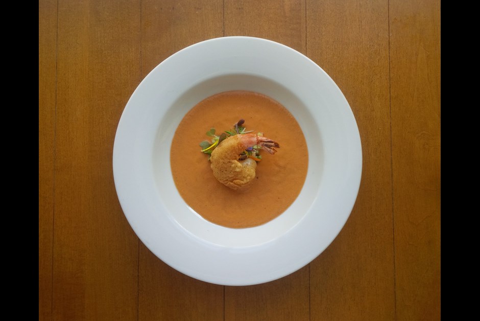 Gazpacho with Quebec Strawberries and Shrimp Tempura