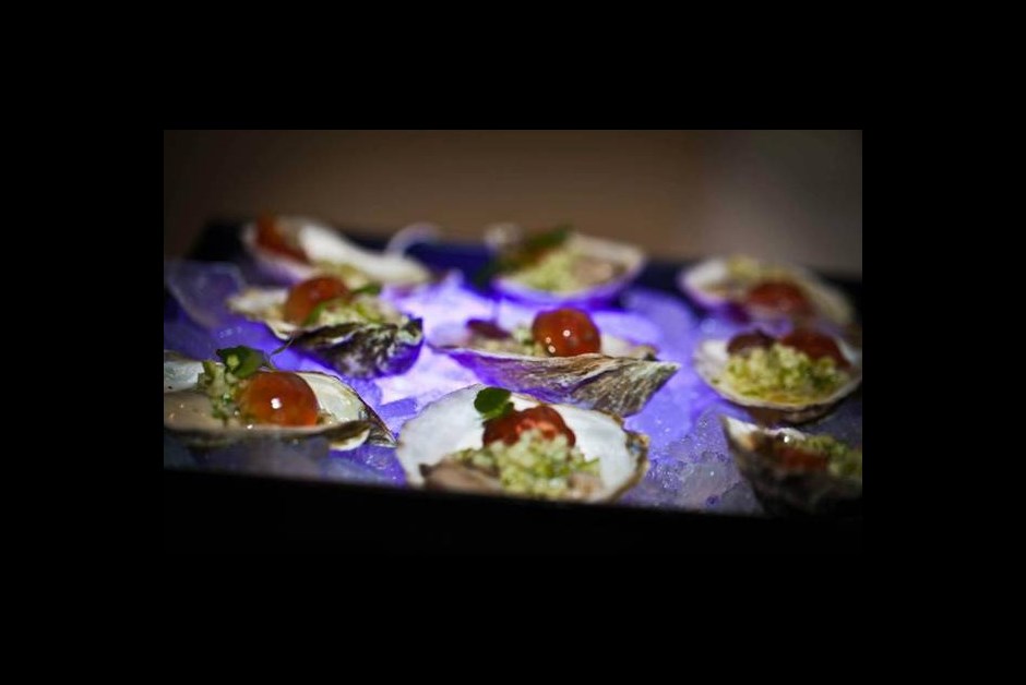 Wellfleet Oysters with Jellied Apple Mignonette & Crispy Apple Slaw