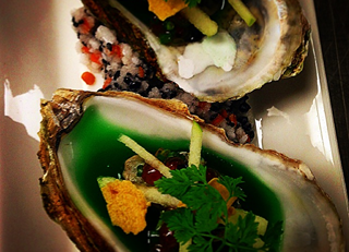 Special oysters, green apple jam  with caviar and salmon eggs