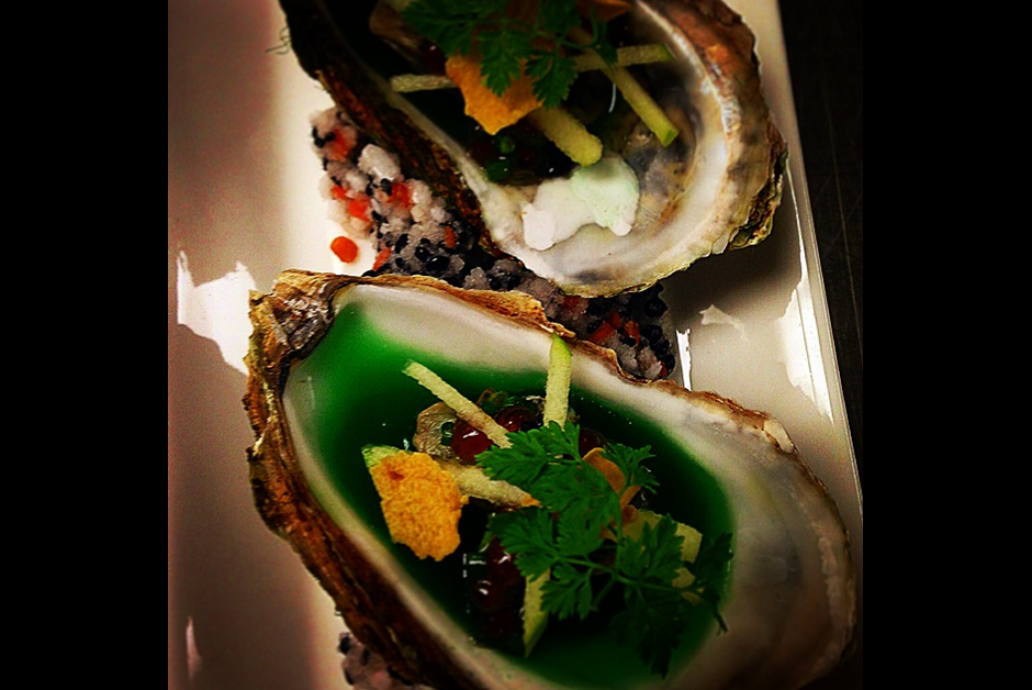 Special oysters, green apple jam  with caviar and salmon eggs