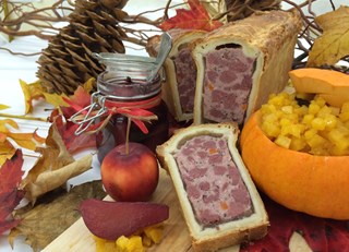 Pâté of Boileau deer in pastry shell, pumpkin and maple chutney