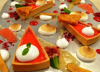 Pink Grapefruit Curd Tart with Meringue, Sponge toffee, and Gin Grapefruit Gel