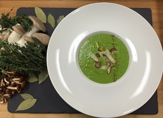 Leek & Potato Soup with Porcini Dust and Forest Mushrooms
