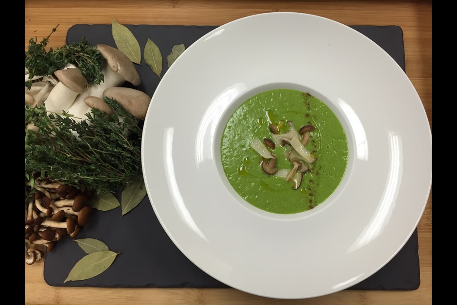 Leek & Potato Soup with Porcini Dust and Forest Mushrooms