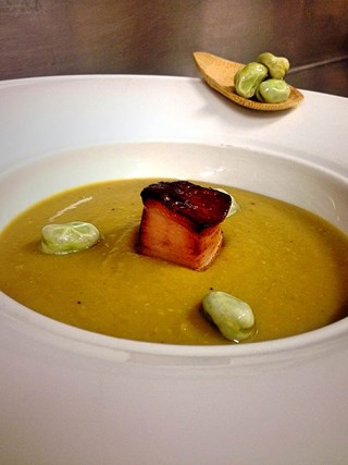 Fava Bean Velout&#233; with Braised Pork Belly