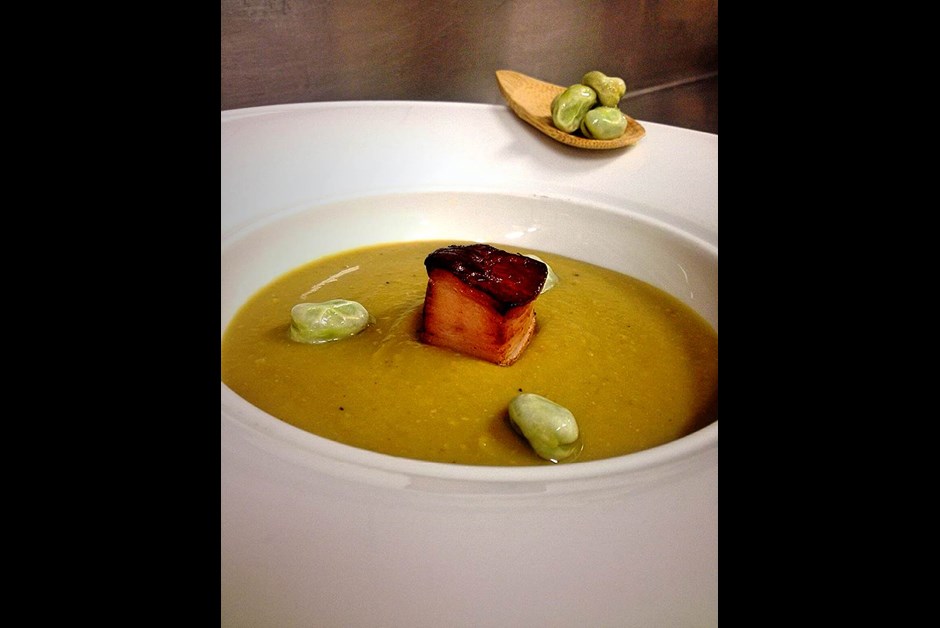 Fava Bean Velouté with Braised Pork Belly