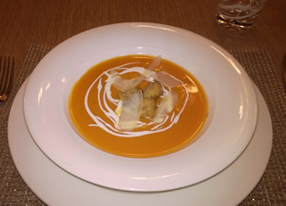 Winter Yam Soup with Five Spice Beignets & Maple Crème Fraiche