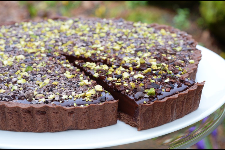 Chocolate Tart with Cocoa Nibs & Pistachio