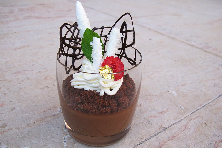 Chocolate Pot De Crème with Almond Chocolate Crumb