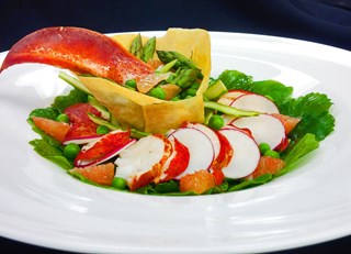 Baby kale, asparagus, snow peas &amp; grapefruit salad  with lobster