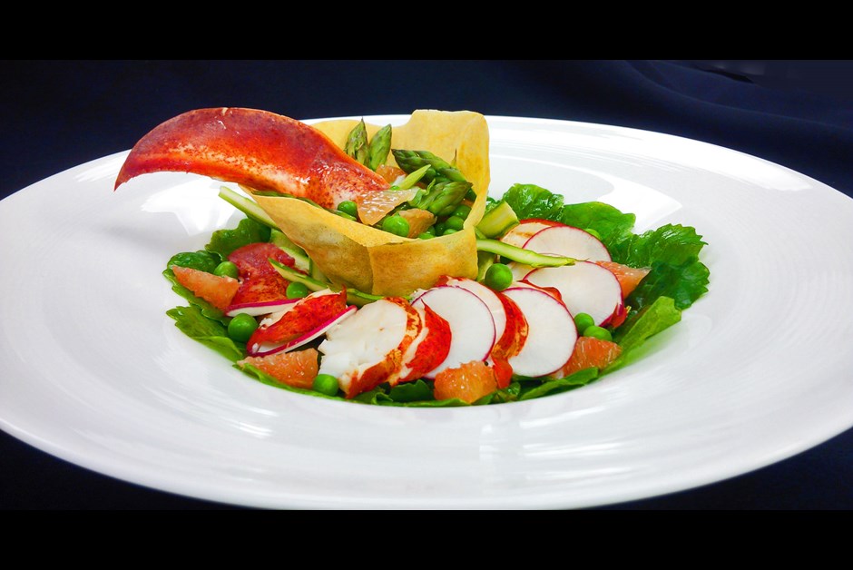 Baby kale, asparagus, snow peas & grapefruit salad  with lobster