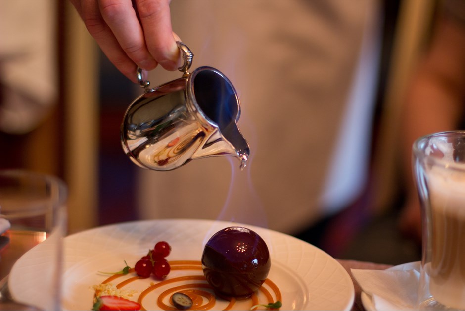 Chocolate Sphere "Romanoff" flambe