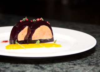 Smoked goose liver in port wine jelly with cranberry jam