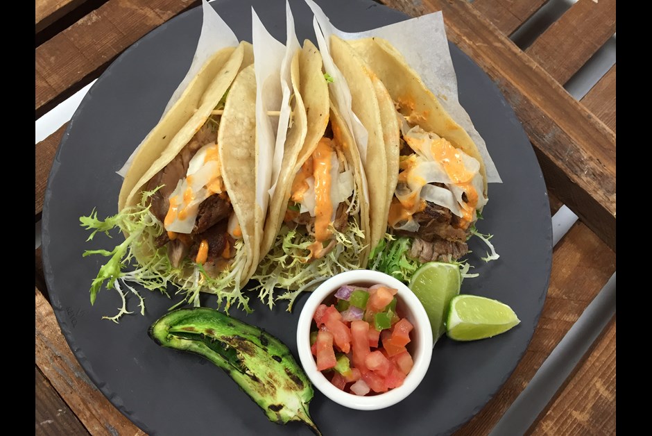 Pulled Mojo Rubbed Braised Pork Shoulder Taco, with Pickled Fennel and Chipotle Pepper Aioli