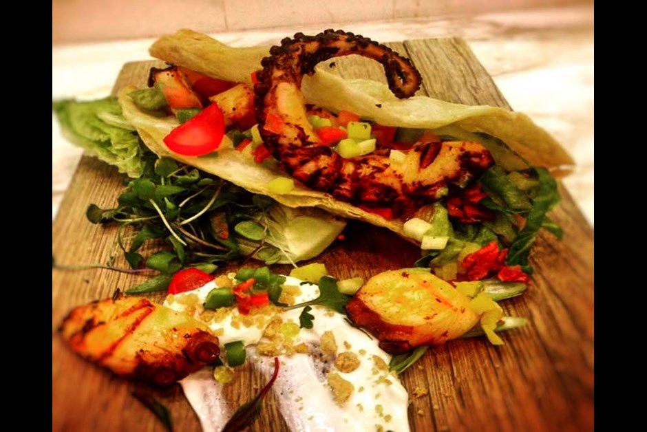 Grilled octopus and smoked chicharon tacos