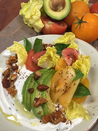 Heirloom Tomato &amp; Little Gem Lettuce Salad with Fresh Ricotta, Monterey Smoked Almond Brittle and California Lemon Oil