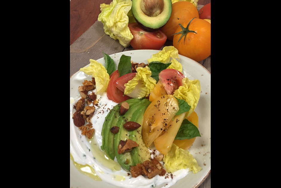 Heirloom Tomato & Little Gem Lettuce Salad with Fresh Ricotta, Monterey Smoked Almond Brittle and California Lemon Oil