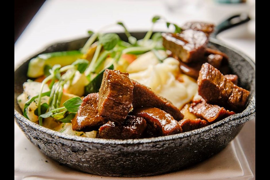 Guinness Braised Veal Breast with Parsnip Mash, Glazed Vegetables and Natural Jus